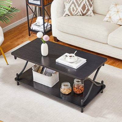 Modern Industrial Black Metal Wood Coffee Table with Bottom Storage Shelf
