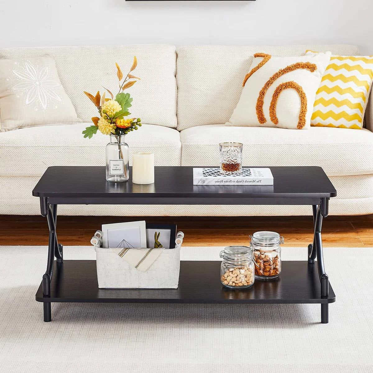 Modern Industrial Black Metal Wood Coffee Table with Bottom Storage Shelf