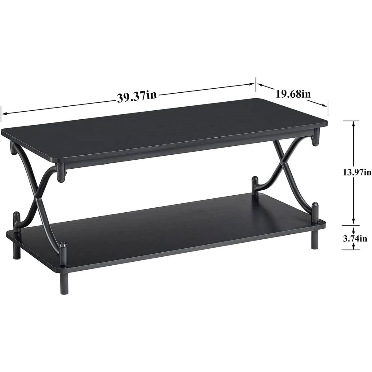 Modern Industrial Black Metal Wood Coffee Table with Bottom Storage Shelf