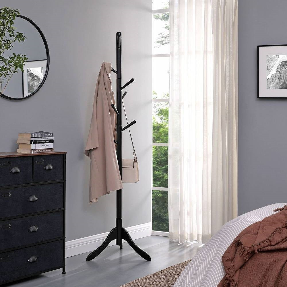 Space Saving Solid Wood Modern Coat Rack in Black Finish