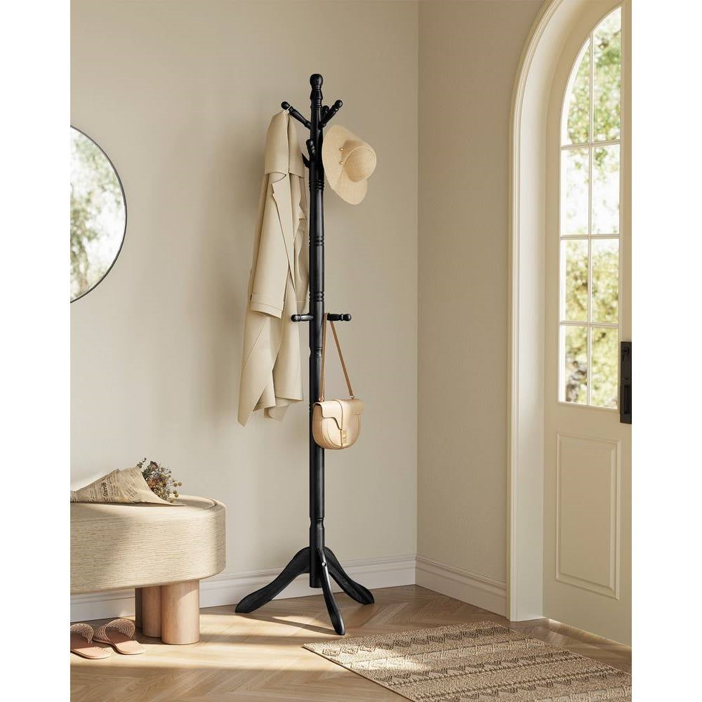 Solid Wood Coat Rack with 10 Hooks in Black Finish