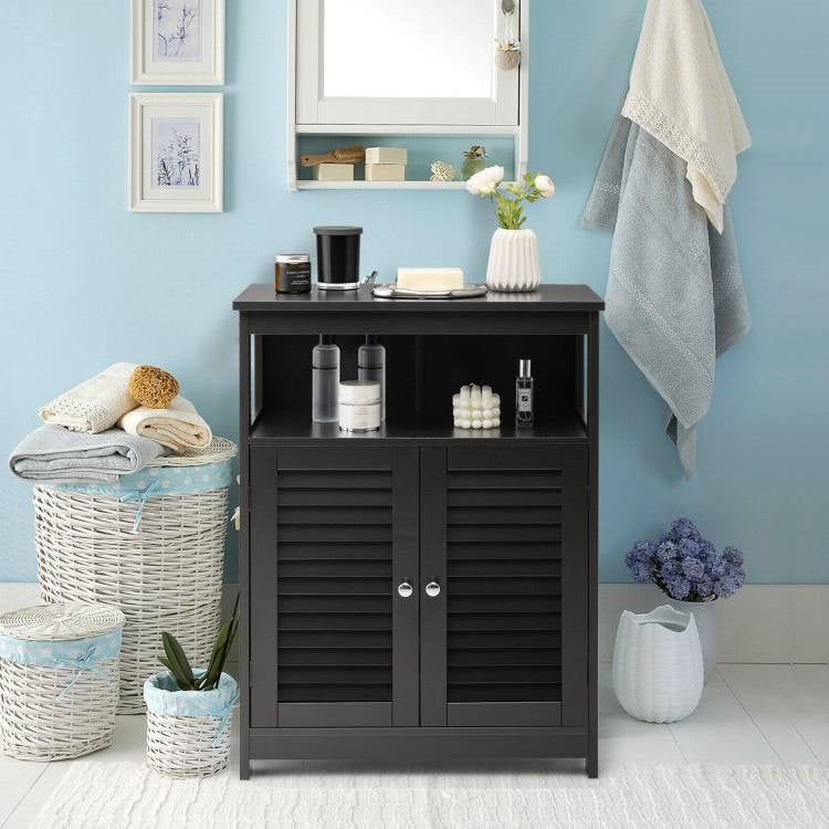 Black Farmhouse Bathroom Linen Cabinet with Louvered Doors and Open Shelf