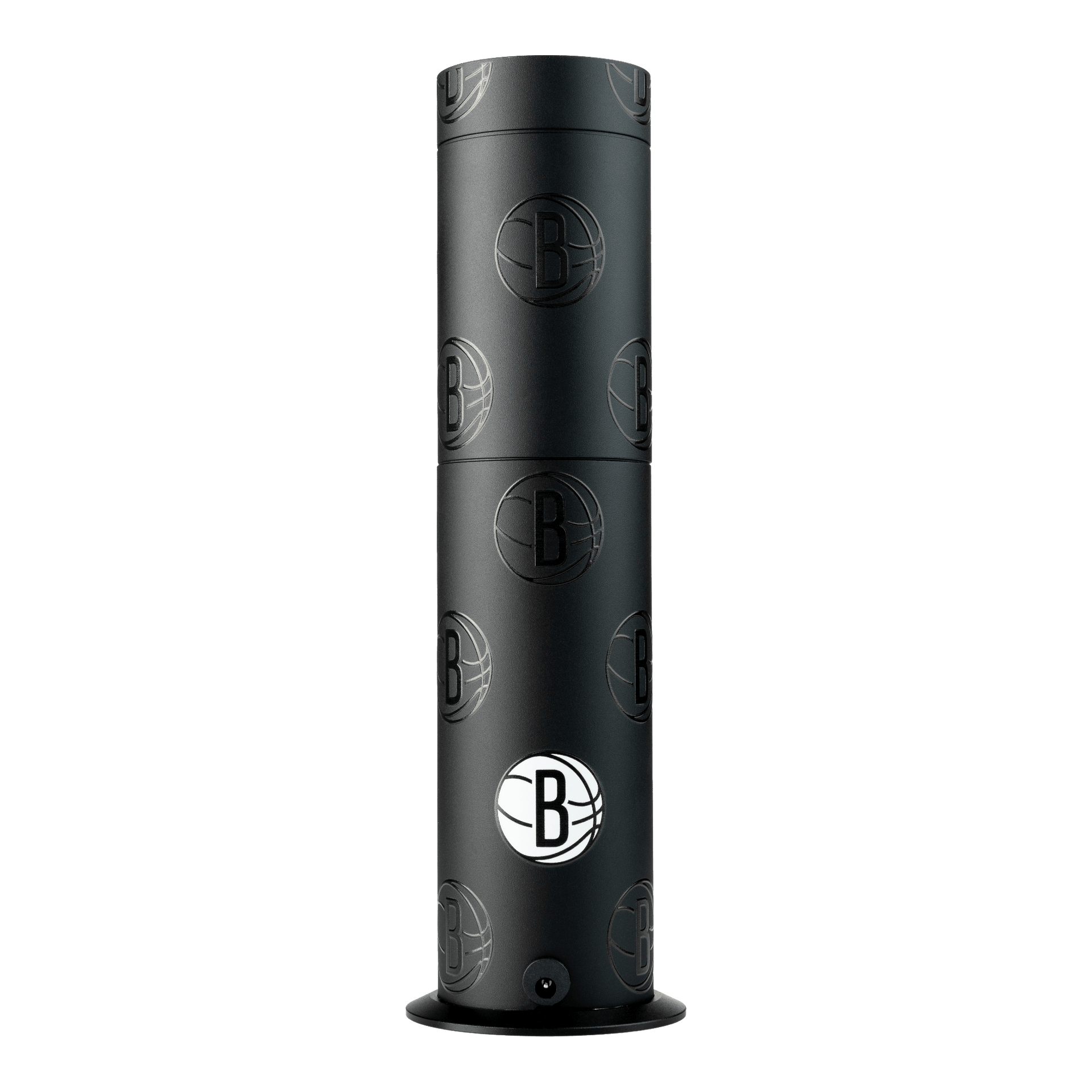 Black cylindrical product with branding on a white background