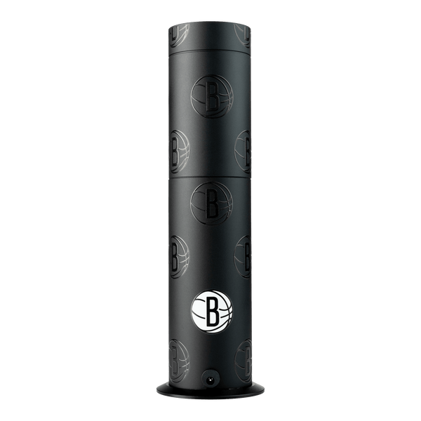 Black cylindrical product with branding on a white background