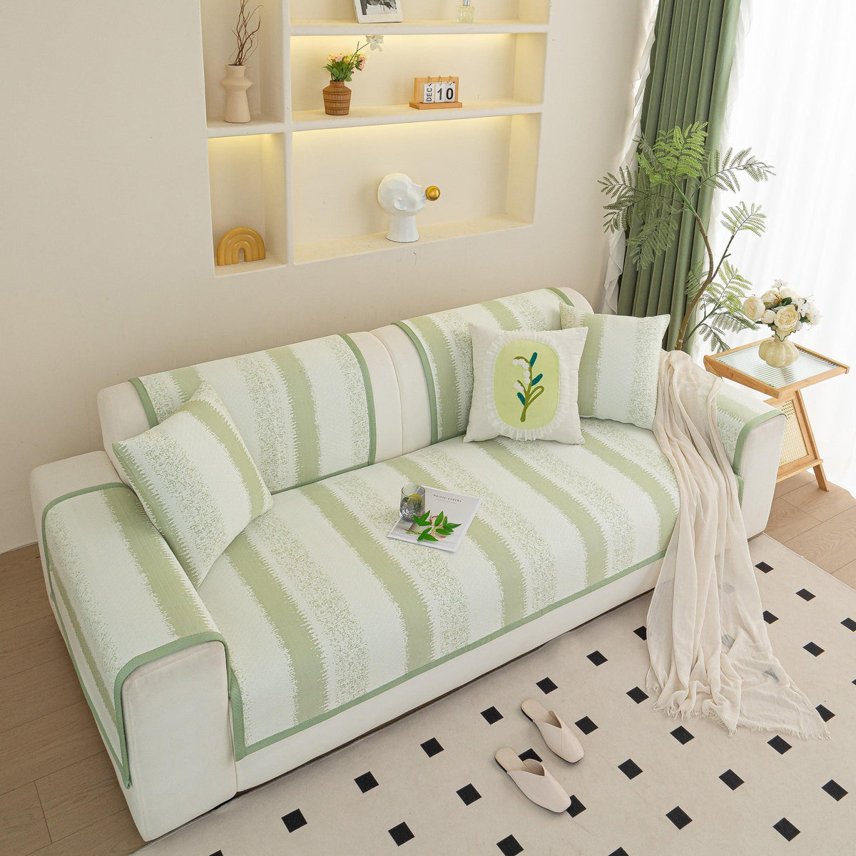 Striped Non-Slip Cooling Couch Cover, Summer Couch Pads for Seat Back Armrest