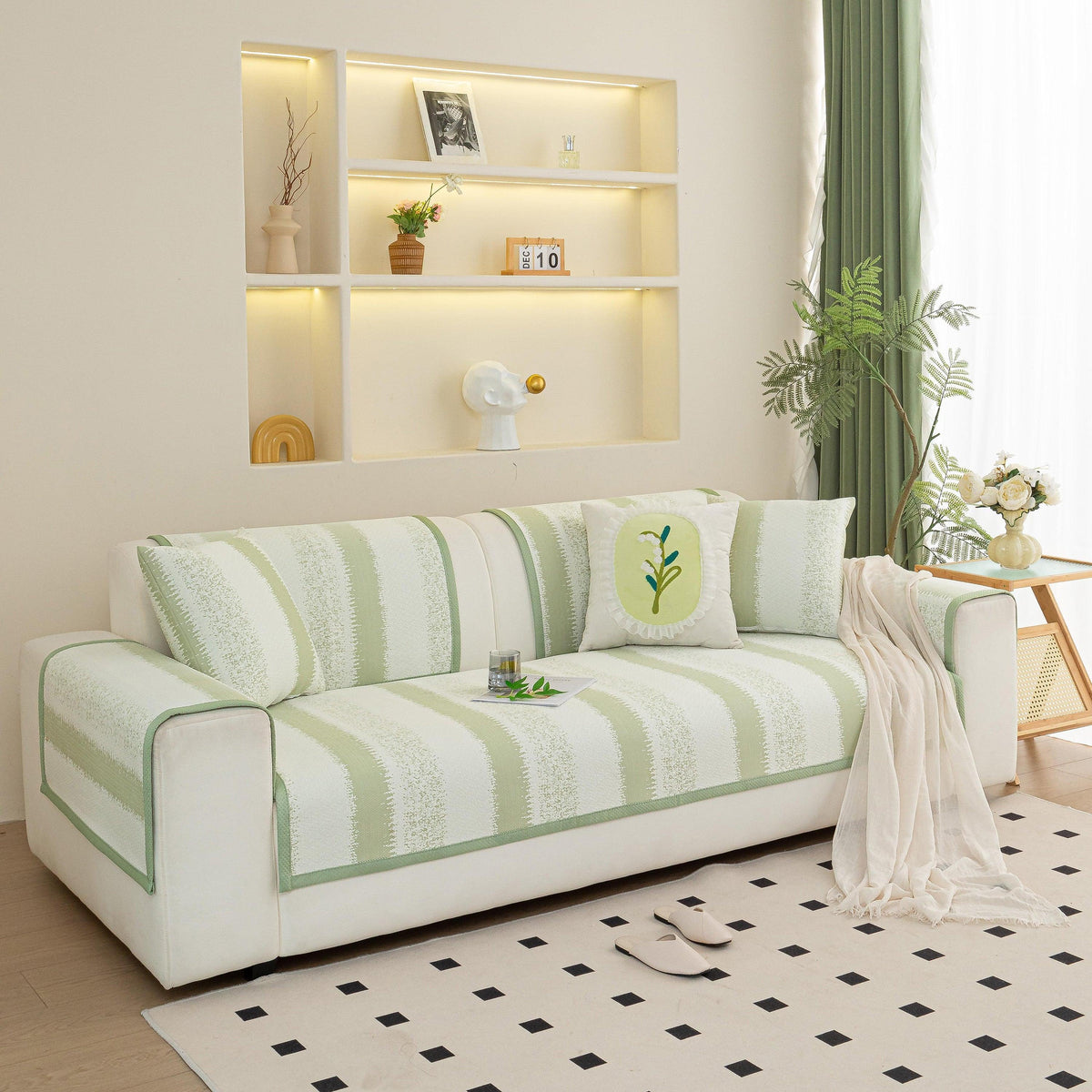 Striped Non-Slip Cooling Couch Cover, Summer Couch Pads for Seat Back Armrest