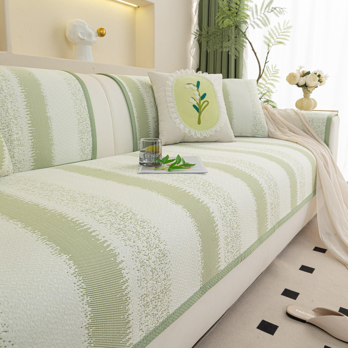 Striped Non-Slip Cooling Couch Cover, Summer Couch Pads for Seat Back Armrest