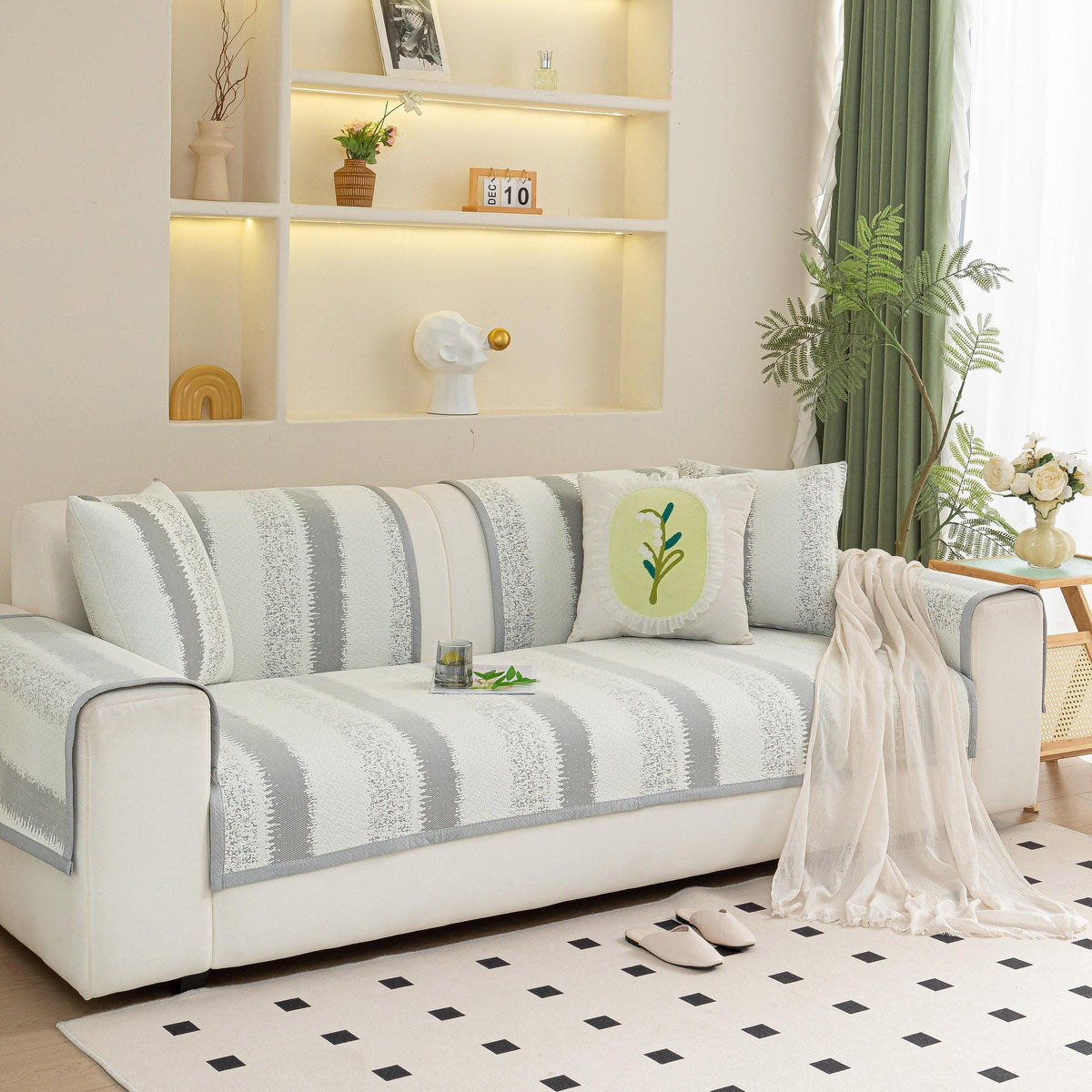 Striped Non-Slip Cooling Couch Cover, Summer Couch Pads for Seat Back Armrest