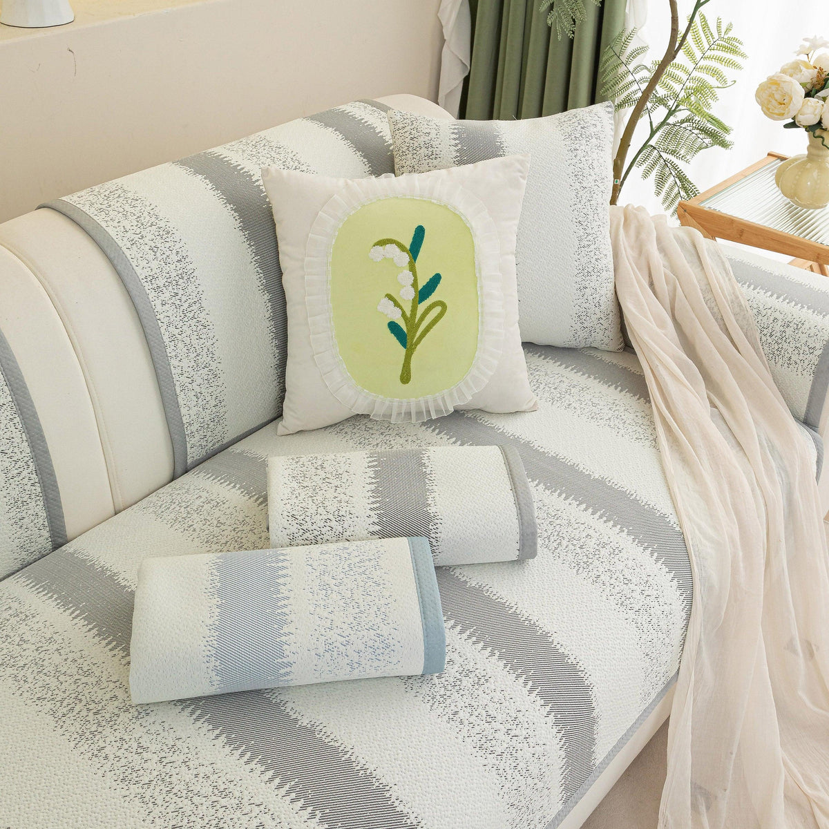 Striped Non-Slip Cooling Couch Cover, Summer Couch Pads for Seat Back Armrest