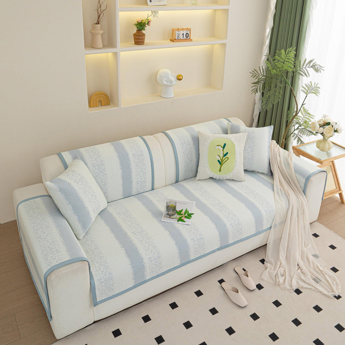 Striped Non-Slip Cooling Couch Cover, Summer Couch Pads for Seat Back Armrest
