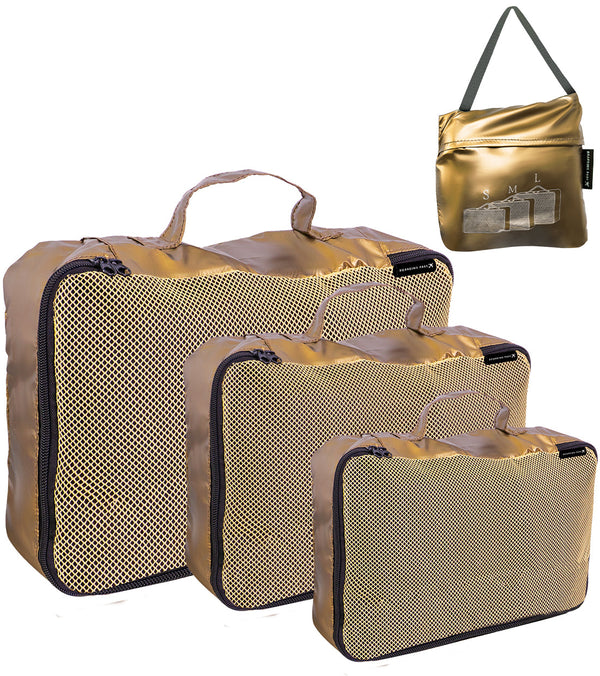 Boarding Pass Recycled Metallic Foldable & Packable Pouch Packing Cubes Set