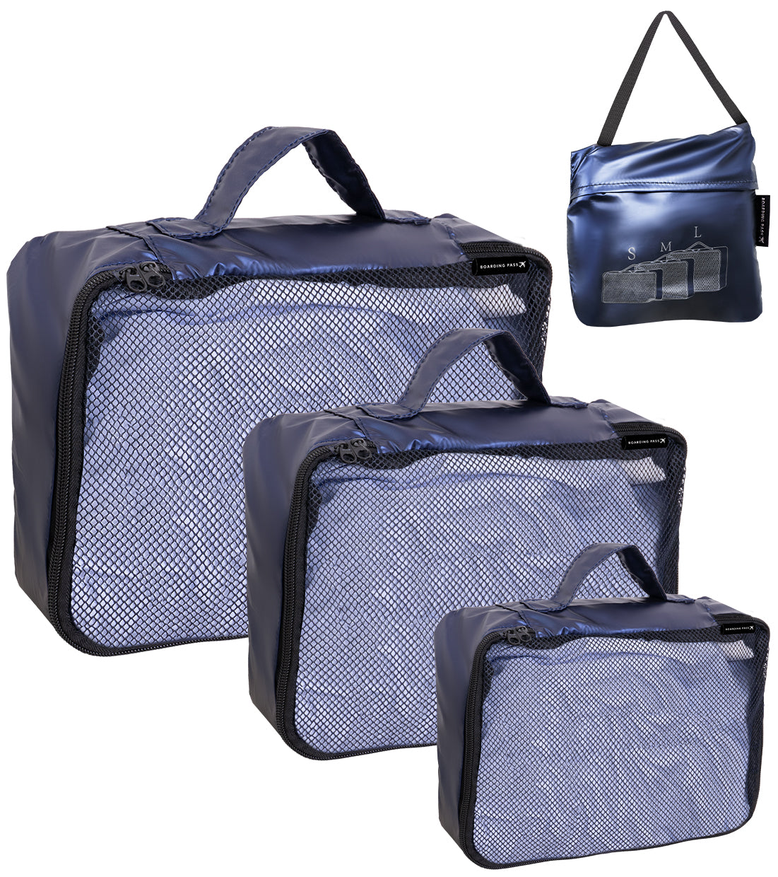 Boarding Pass Recycled Metallic Foldable & Packable Pouch Packing Cubes Set