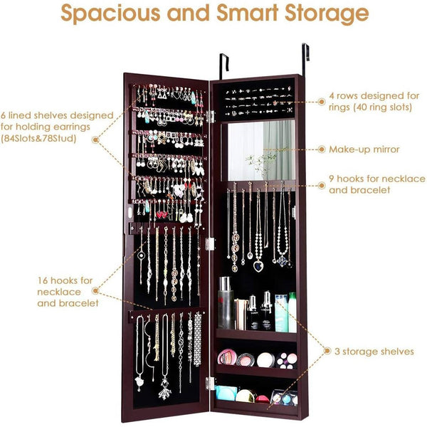 2-in-1 Dark Brown Wall or Door Mounted Jewelry Organizer Full Length Mirror