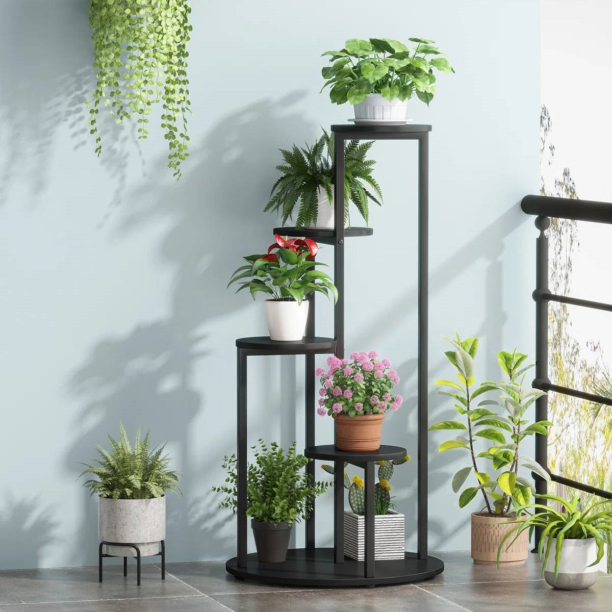 5-Tier Indoor Plant Stand with Black Metal Frame and Brown Wood Finish Shelves