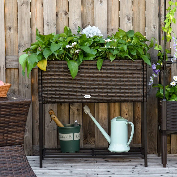 Brown Modern PE Rattan Wicker Raised Garden Bed Elevated Planter Box