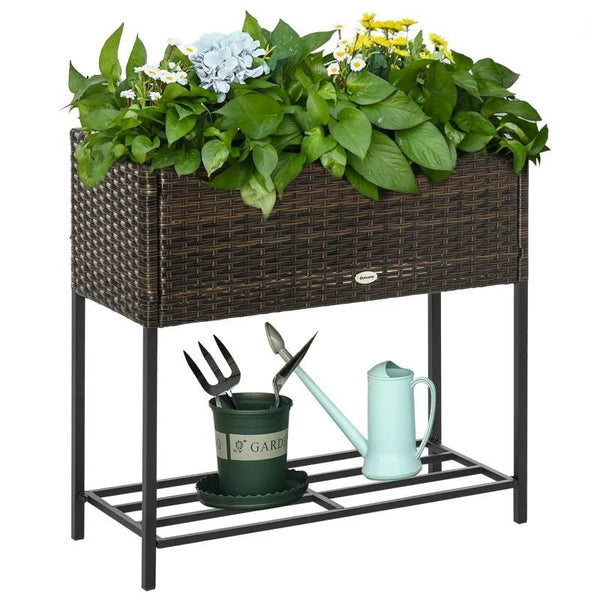 Brown Modern PE Rattan Wicker Raised Garden Bed Elevated Planter Box