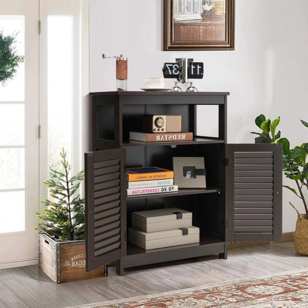 Brown Farmhouse Bathroom Linen Cabinet with Louvered Doors and Open Shelf