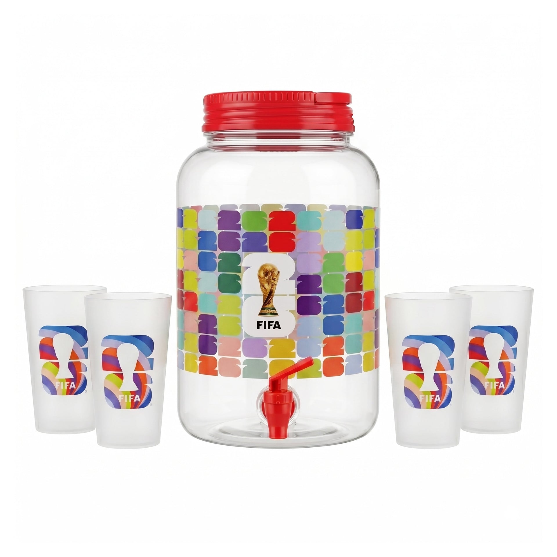 FIFA 1.4 Gal Beverage Dispenser with Red Handle & 4 Plastic Cups 18.5 OZ.