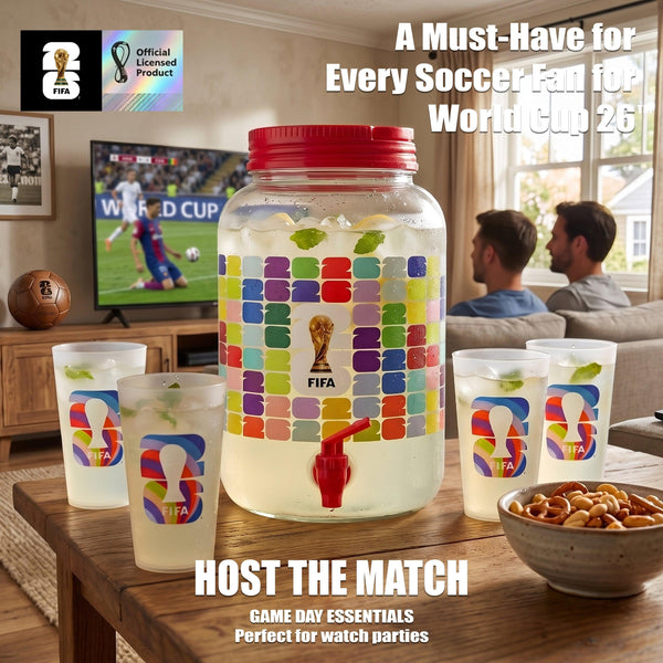 FIFA 1.4 Gal Beverage Dispenser with Red Handle & 4 Plastic Cups 18.5 OZ.