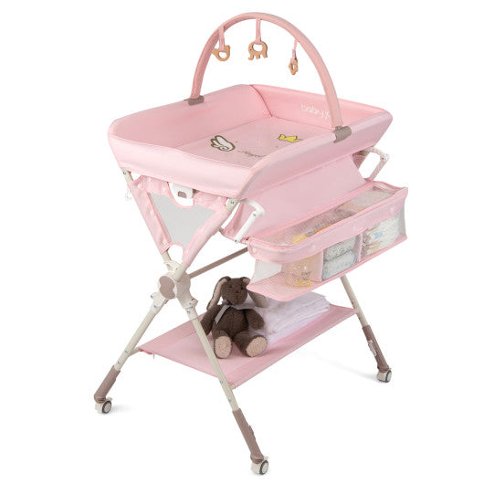Baby Changing Table Foldable Diaper Changing Station with Storage Bag and Shelf-Pink