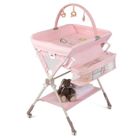 Baby Changing Table Foldable Diaper Changing Station with Storage Bag and Shelf-Pink