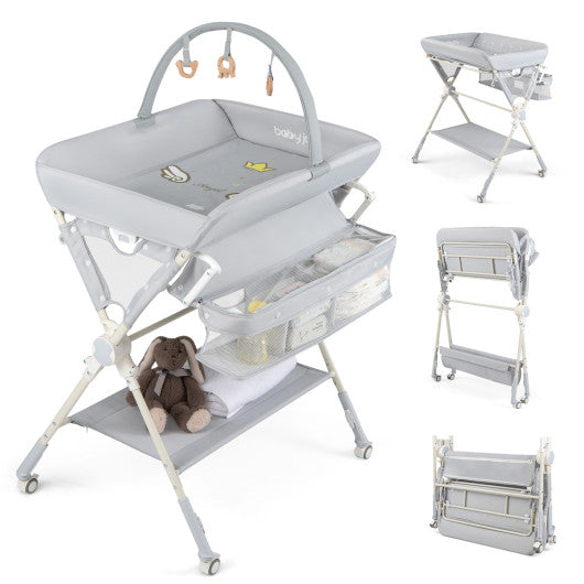 Baby Changing Table Foldable Diaper Changing Station with Storage Bag and Shelf-Gray