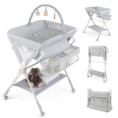 Baby Changing Table Foldable Diaper Changing Station with Storage Bag and Shelf-Gray