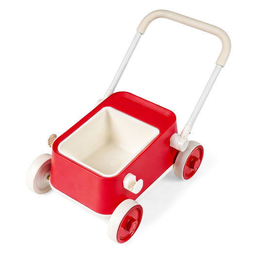Baby Push Walker with Wheels and Foldable Handlebar and Storage Basket-Red