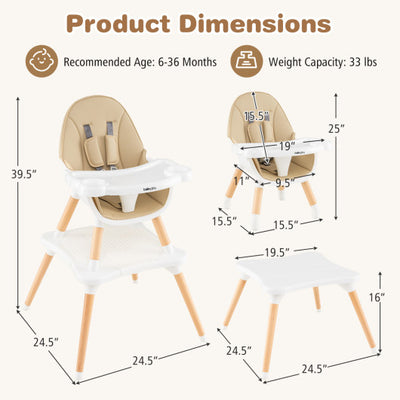 5-in-1 Baby Wooden Convertible High Chair-Khaki