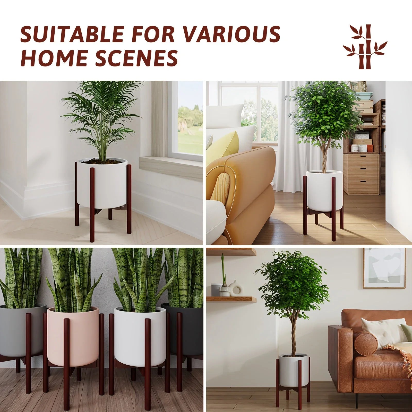 Bamboo Adjustable Plant Stand, 8-12 Inches, Reddish Brown Indoor Planter