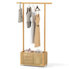 Bamboo Clothes Rack with Rattan Storage Basket and Wheels-Natural - Natural