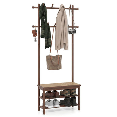 Bamboo Coat Rack PE Rattan Hall Tree with Bench and Shoe Storage 3-In-1 Entryway Bench-Brown