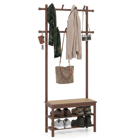 Bamboo Coat Rack PE Rattan Hall Tree with Bench and Shoe Storage 3-In-1 Entryway Bench-Brown