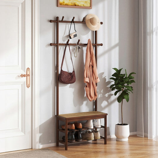 Bamboo Coat Rack PE Rattan Hall Tree with Bench and Shoe Storage 3-In-1 Entryway Bench-Brown