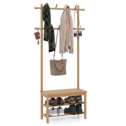 Bamboo Coat Rack PE Rattan Hall Tree with Bench and Shoe Storage 3-In-1 Entryway Bench-Natural