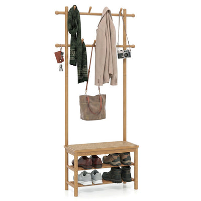 Bamboo Coat Rack PE Rattan Hall Tree with Bench and Shoe Storage 3-In-1 Entryway Bench-Natural