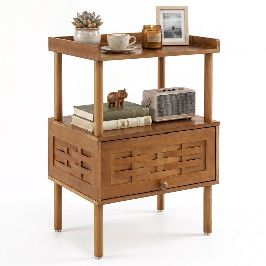Bamboo Rattan Nightstand with Raised Edge Flip-Up Door and Open Shelf-Walnut