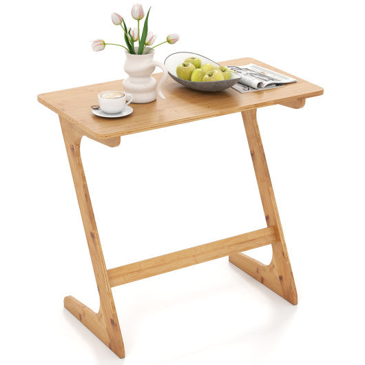 Bamboo Z-Shaped Spacious Sofa Side Table with Space-Saving Tabletop-Natural