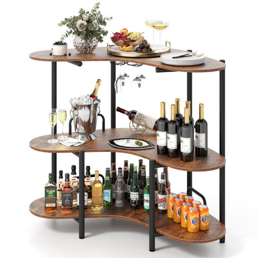 3-Tier Liquor Bar Table with Stemware Racks and Storage Shelves-Rustic Brown