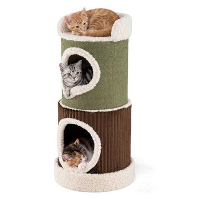 Barrel Cat House with Top Perch & Double Condos and Stable Base Modern-Green