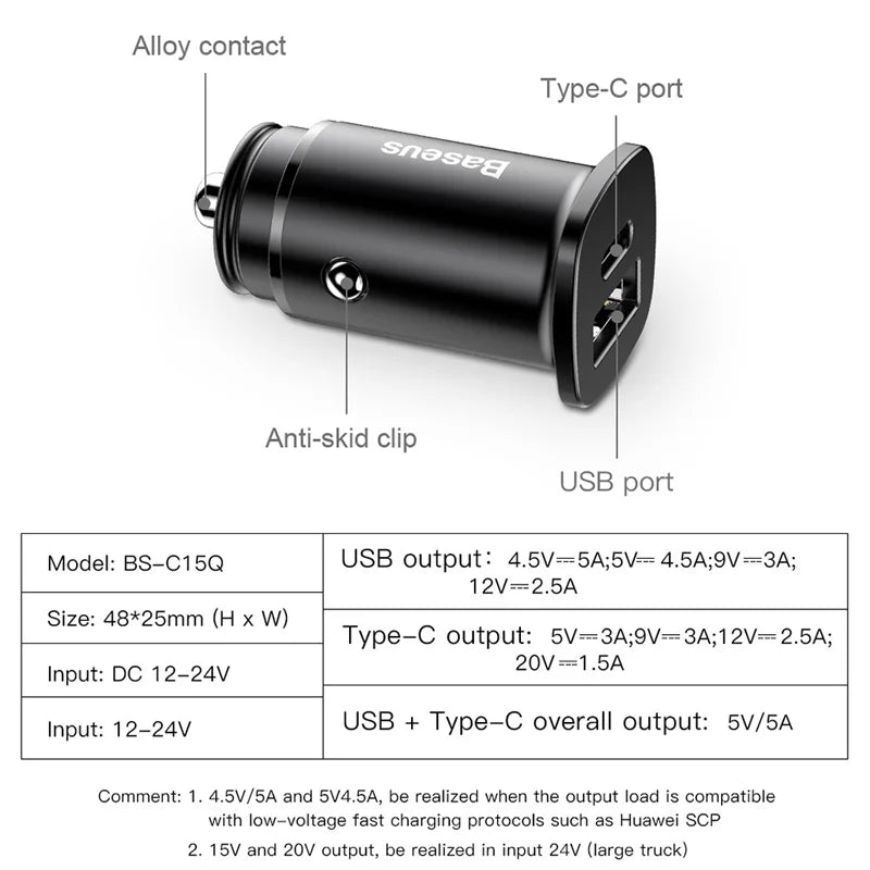 Baseus 30W Dual USB C PD Quick Charge QC 4.0 Car Charger For Mobile Phone Charger Fast USB PD Type C AFC SCP Car Phone Charger