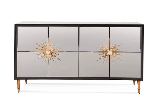 A black server with beveled mirror panels, black wood edging, and goldleaf legs with starburst hardware.