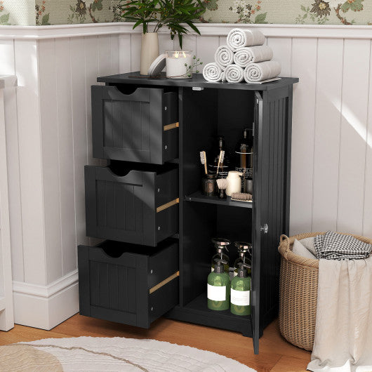 Bathroom Floor Cabinet Side Storage Cabinet with 3 Drawers and 1 Cupboard-Black