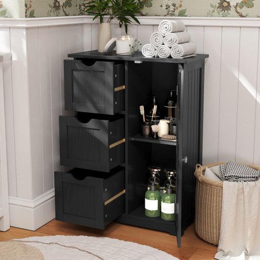 Bathroom Floor Cabinet Side Storage Cabinet with 3 Drawers and 1 Cupboard-Black