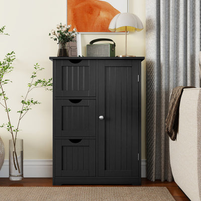 Bathroom Floor Cabinet Side Storage Cabinet with 3 Drawers and 1 Cupboard-Black