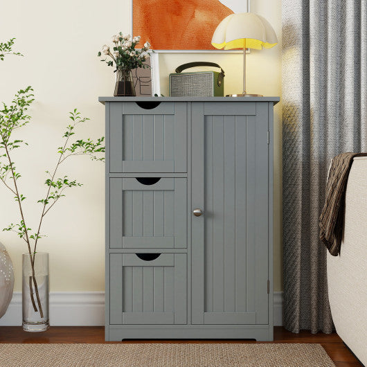 Bathroom Floor Cabinet Side Storage Cabinet with 3 Drawers and 1 Cupboard-Gray