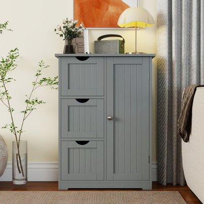 Bathroom Floor Cabinet Side Storage Cabinet with 3 Drawers and 1 Cupboard-Gray