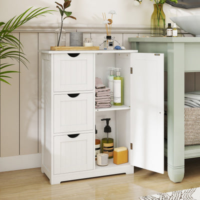 Bathroom Floor Cabinet Side Storage Cabinet with 3 Drawers and 1 Cupboard-White