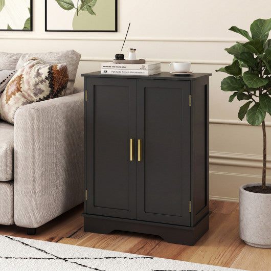 Bathroom Floor Storage Cabinet with 2 Doors and Adjustable Shelves-Black