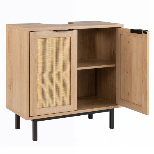 Bathroom Vanity Cabinet with U-Shaped Cut-Out 2 Rattan Doors and Shelf-Natural